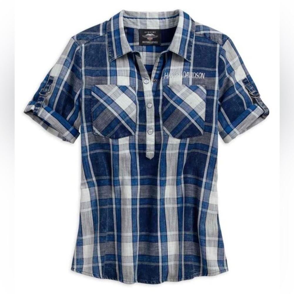 EUC! Harley-Davidson Women's Printed Eagle Pullover Plaid Shirt 19” P2P